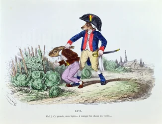 &39;Aha! Meu coelho, eu peguei você comendo seus repolhos vizinhos ... &39;, caricatura da série&39; Les Metamorphoses du Jour &39;, reimpressa em 1854